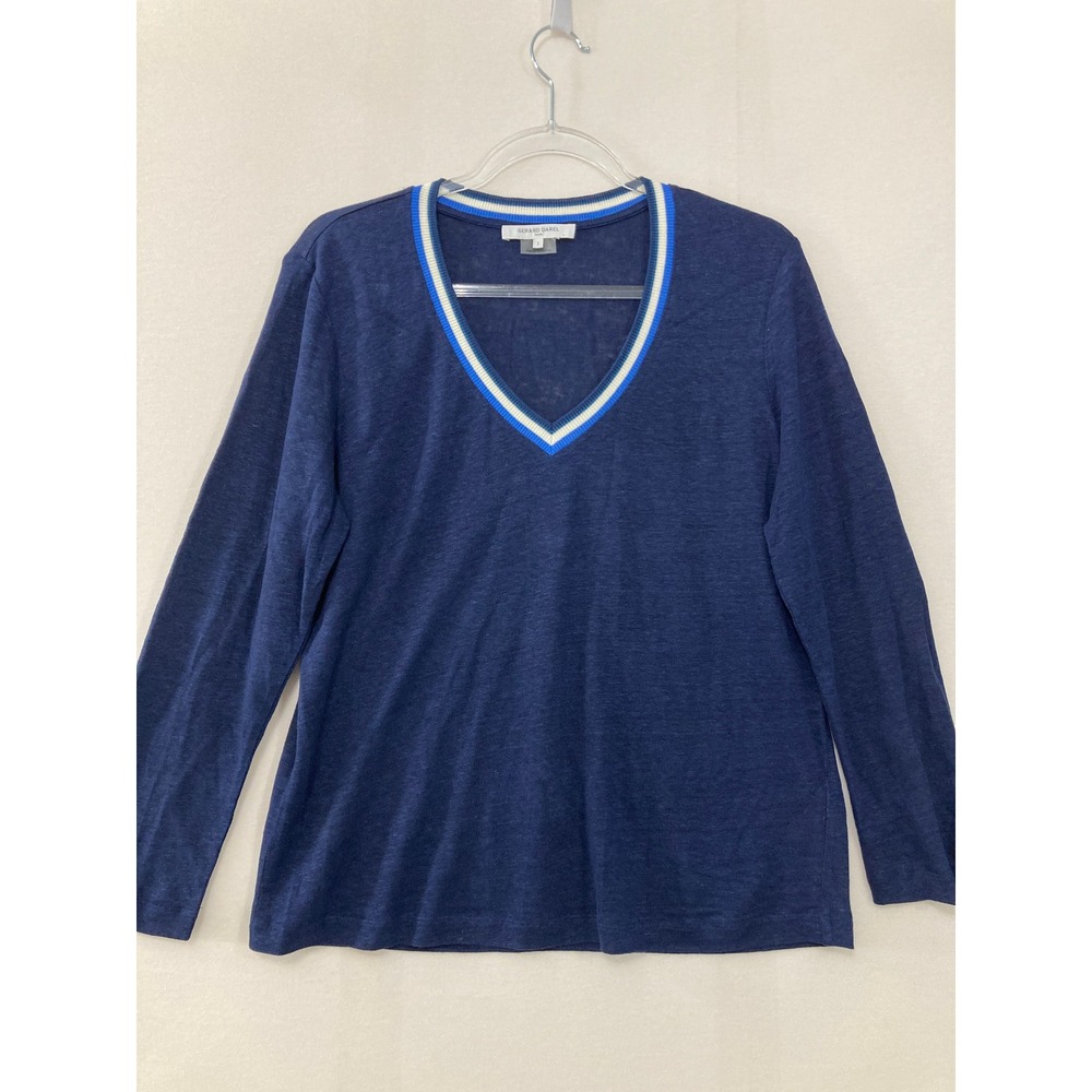 Gerard Darel Linen V-Neck Top Size 1/Small Navy Soft Comfy Stretch Preppy